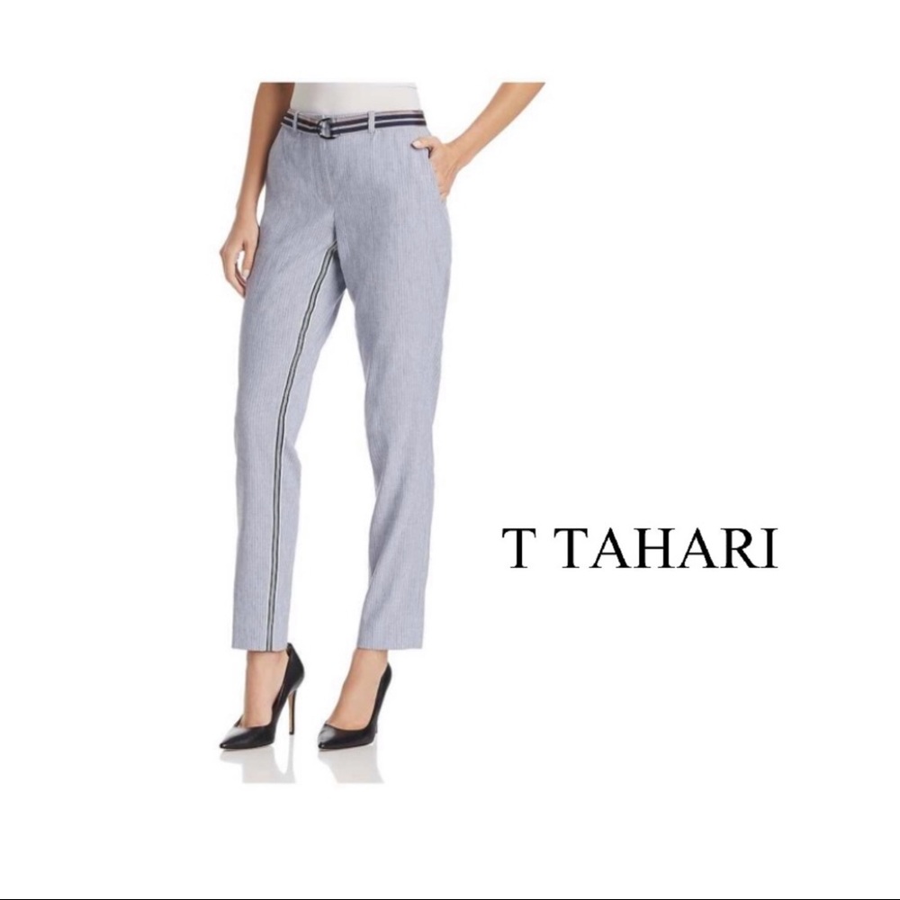 NEW T Tahari Ivana Pin Striped Belted Pants